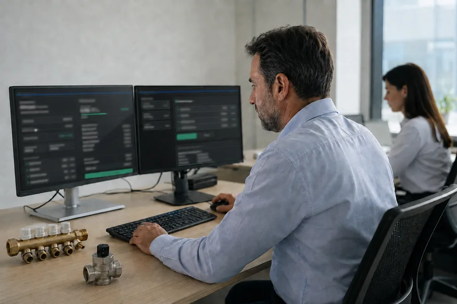 A technical sales engineer working on a quote across two screens, with system components on the desk.