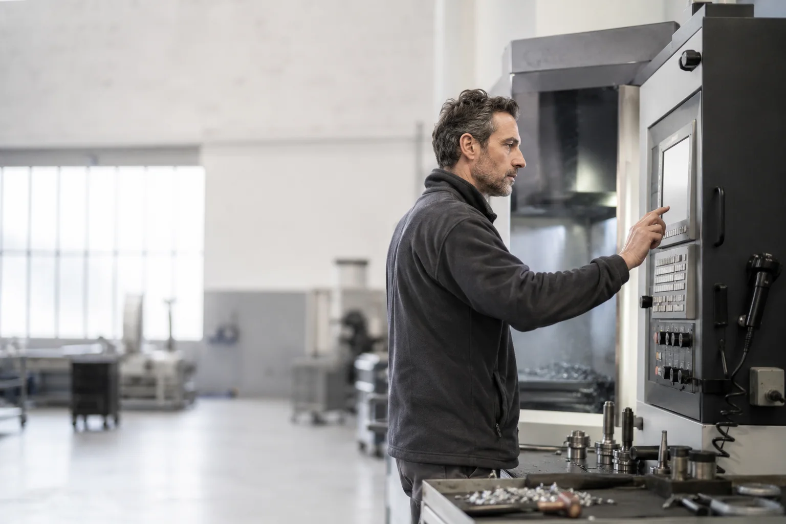 An engineer at the control panel of a machining centre on the shop floor.